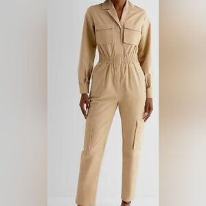 Express Utility Straight Leg Cargo Tan Jumpsuit